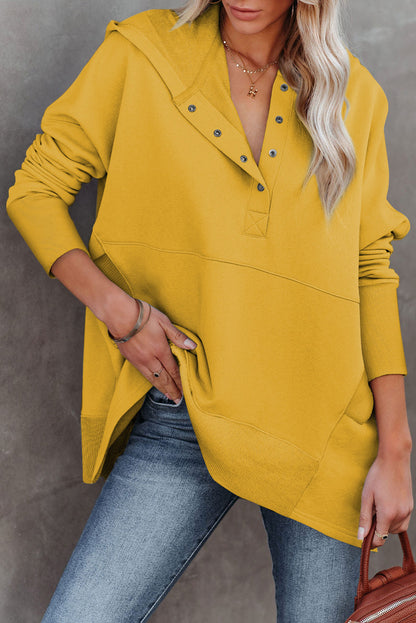 Yellow Batwing Sleeve Pocketed Henley Hoodie