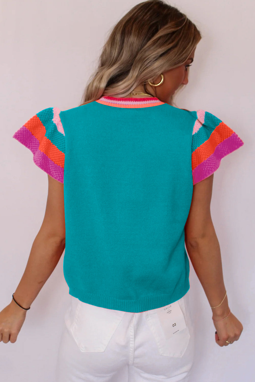 Carrot Contrast Flutter Sleeves Knitted Sweater T Shirt