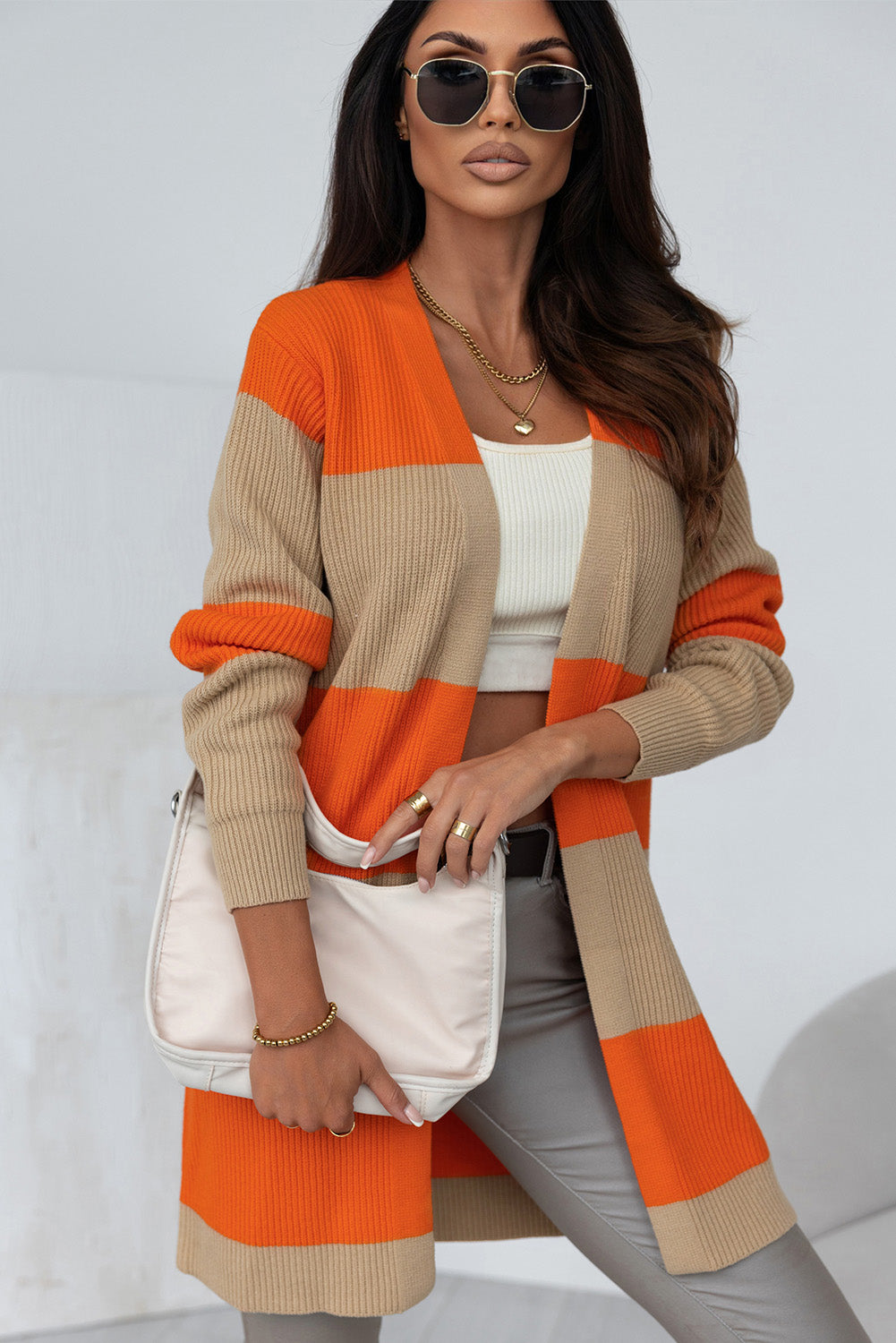 Cardigan de malha com nervuras colorblock laranja