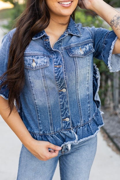 Black Raw Edge Ruffled Short Sleeve Denim Jacket