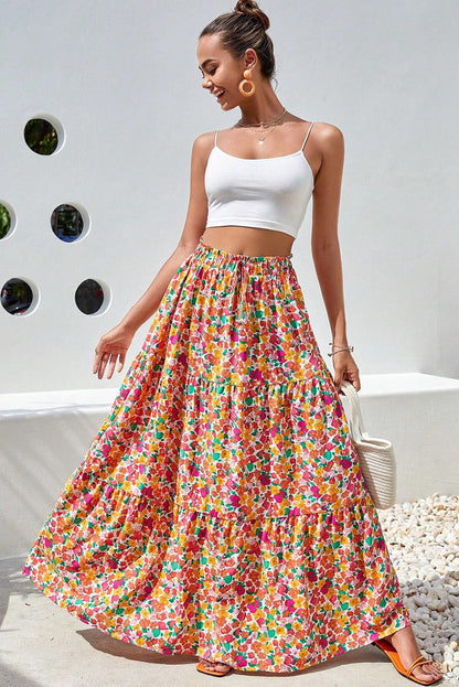 Saia longa em camadas com estampa floral Boho amarela