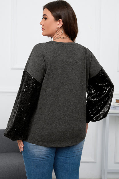 Black Plus Size Sequin Bubble Sleeve V Neck Knit Top