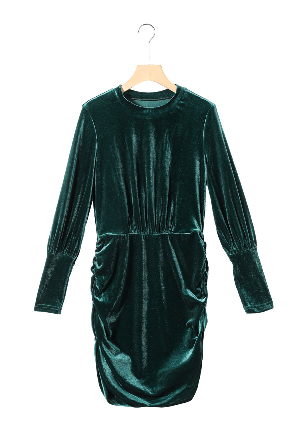 Robe moulante froncée en velours vert à manches bouffantes