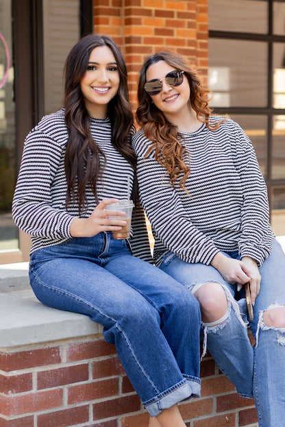 Black Stripe Round Neck Drop Shoulder Long Sleeve Top