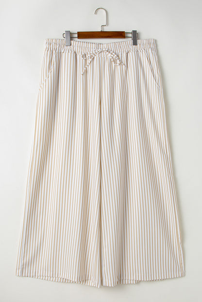 Khaki Stripe Plus Size Drawstring High Waist Wide Leg Pants