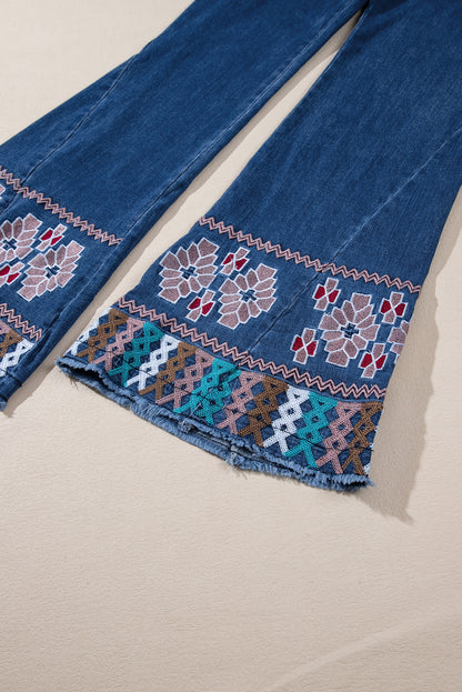 Ashleigh Blue Geometric Embroidered Raw Hem Flared Jeans