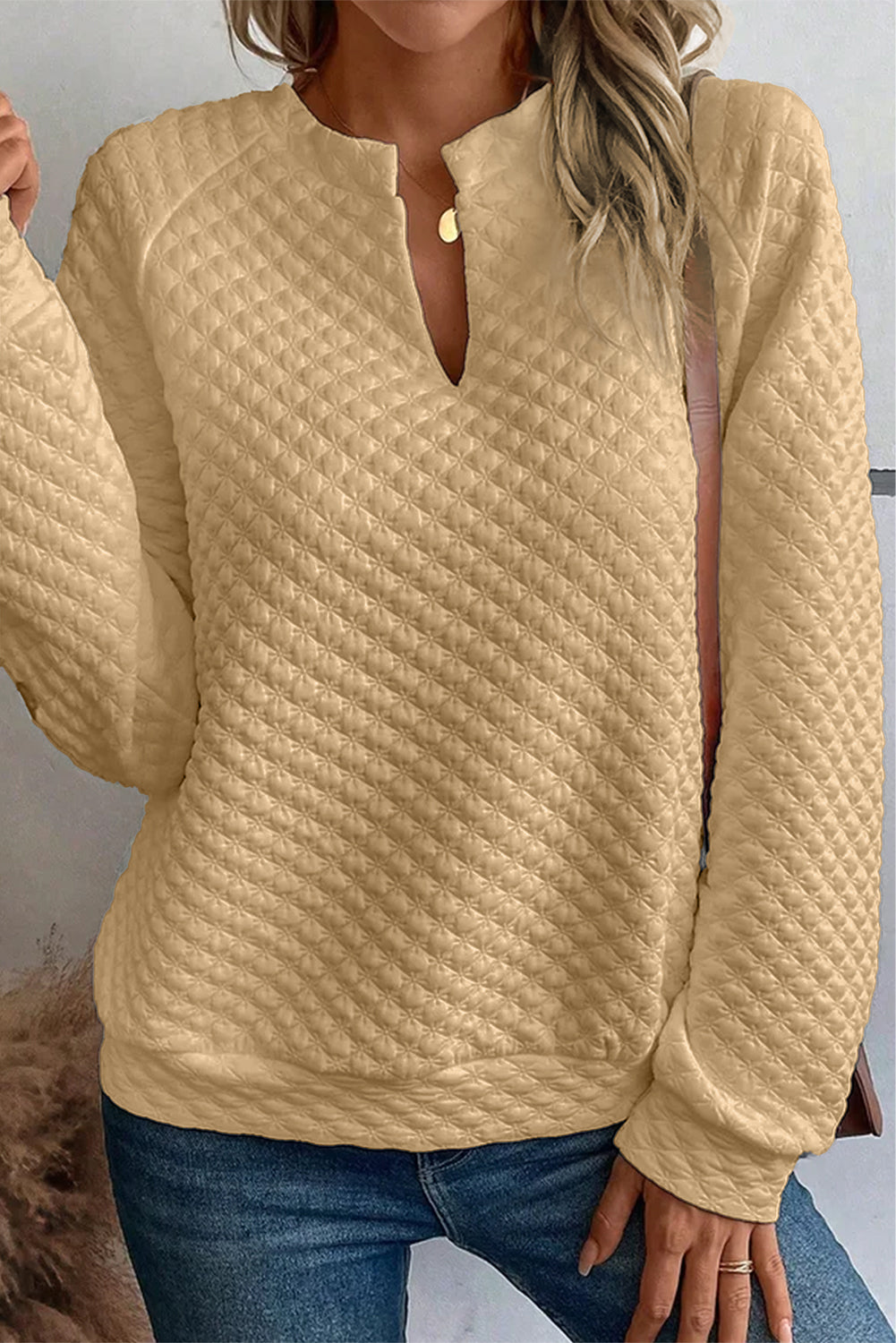 White Split Neck Quilted Long Sleeve Top