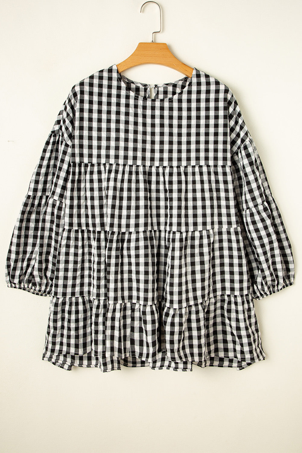 Black Checkered Puff Sleeve Tiered Loose Babydoll Blouse