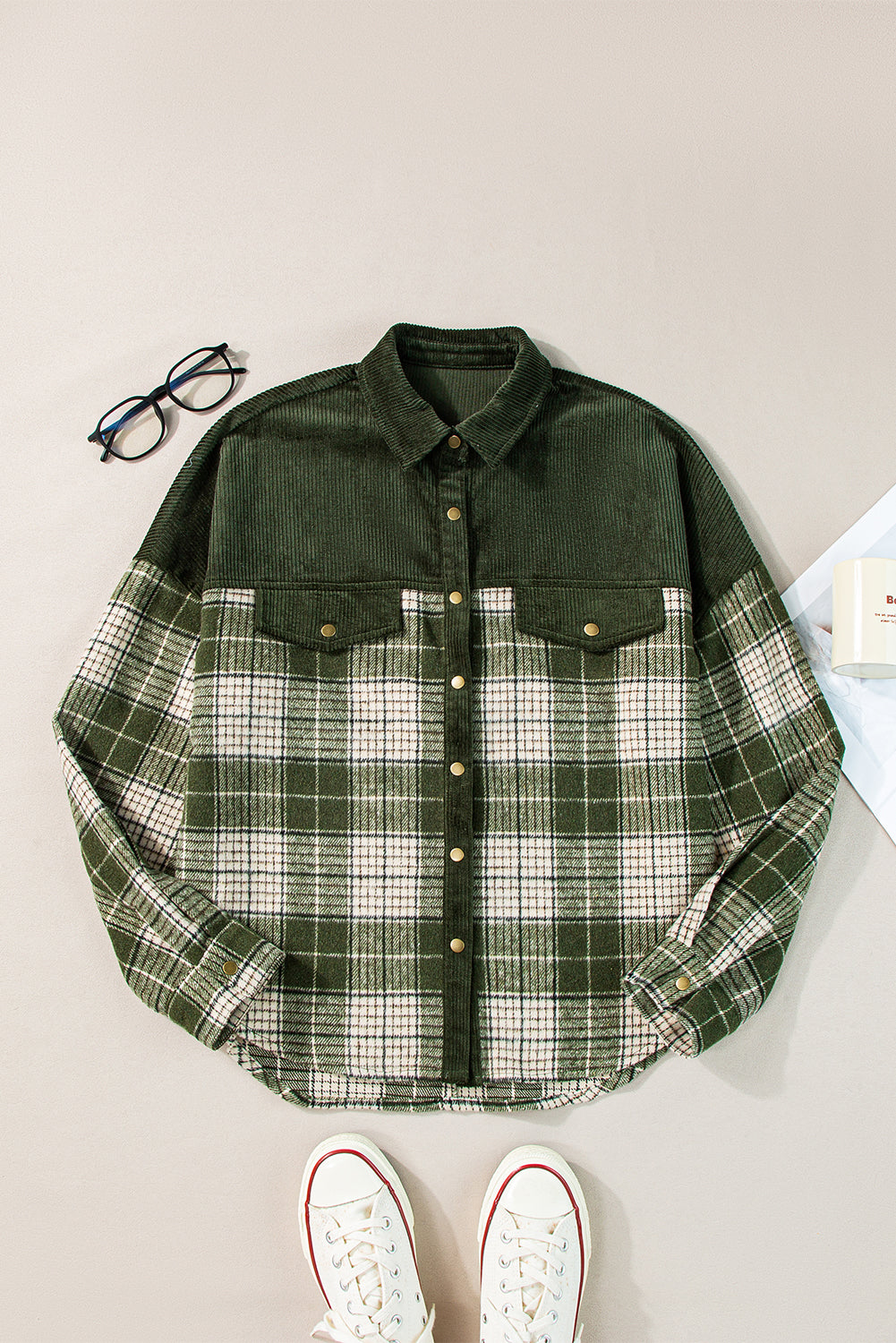 Blackish Green Snap Buttons Colorblock Plaid Shacket