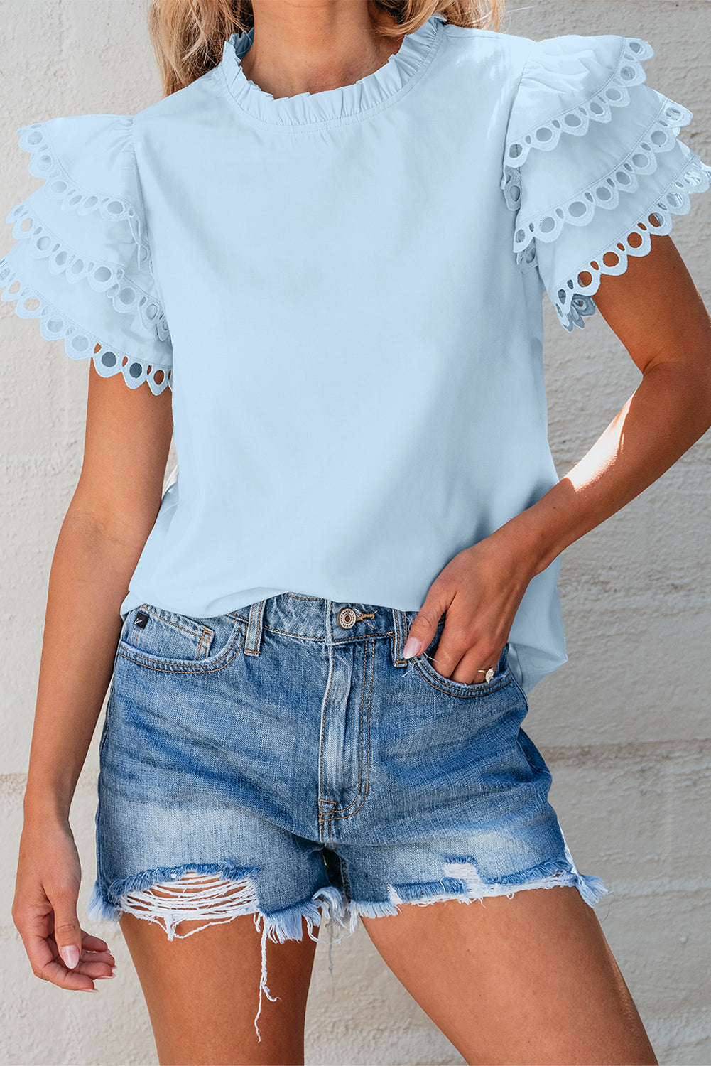 Blusa Beau Blue em camadas Ric Rac com manga e gola cheia