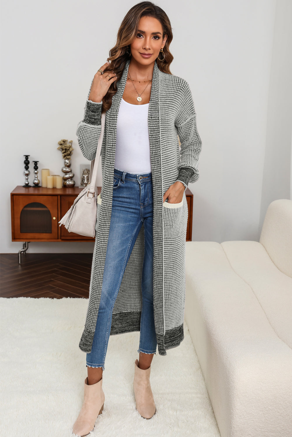 Cardigan gris à poches en tricot texturé