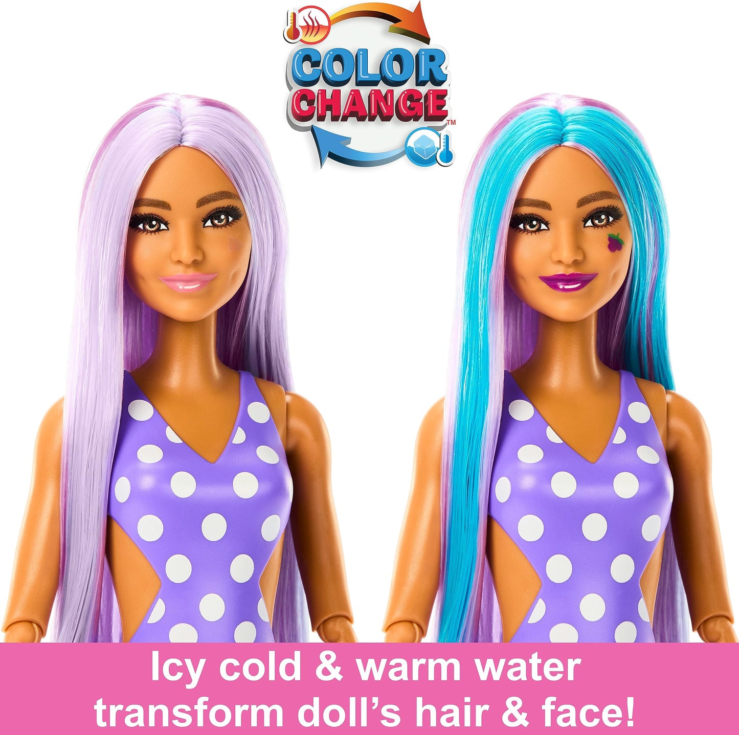 Barbie Pop Reveal Fruit Series Doll, Colour-Changing Doll with Pink Hair, 8 Surprises Including