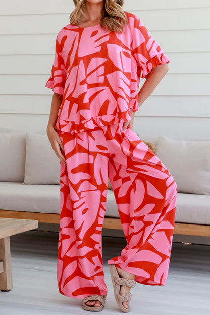 Strawberry Pink Abstract Palm Printed Ruffled Top and Wide Leg Pants Set