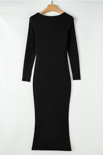 Black Long Sleeve Square Neck Maxi Bodycon Dress