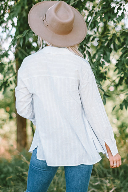 Blue Textured Buttoned Pocket Long Sleeve Shirt