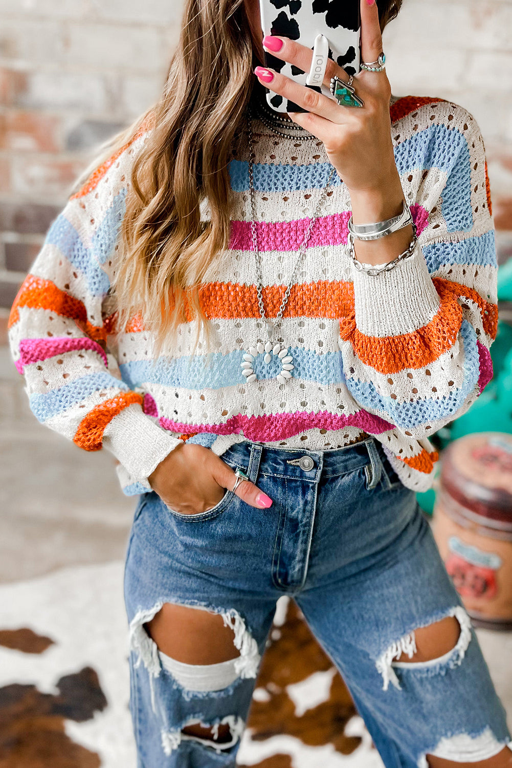 Multicolor Striped Hollowed Knitted Loose Sweater