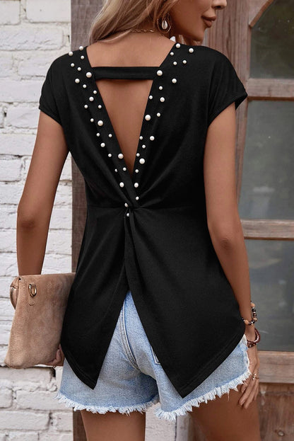 Black Pearls Embellished Twist Back Tee