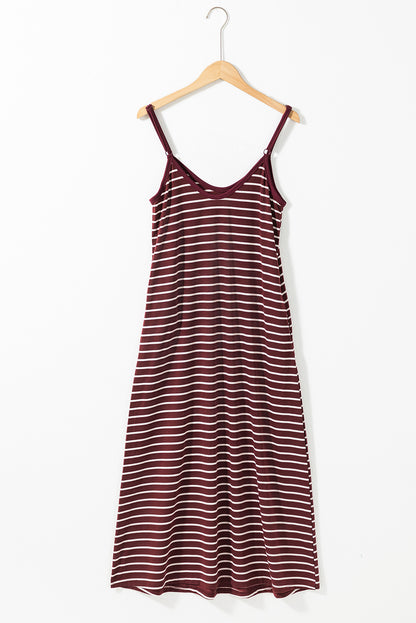 Red Stripe Side Pockets Spaghetti Straps Maxi Dress