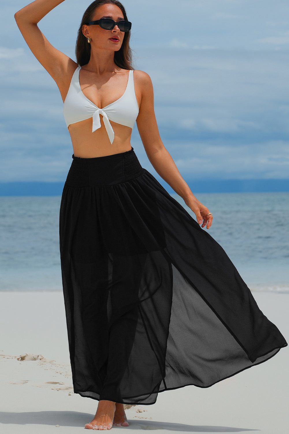 Black Shirred High Waist Chiffon Split Beach Maxi Skirt