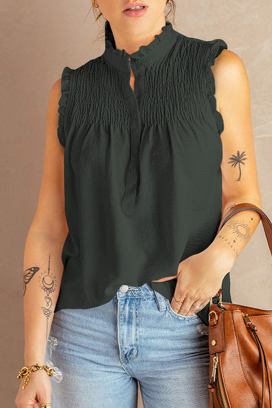 Green Frilled Tank Top with Buttons