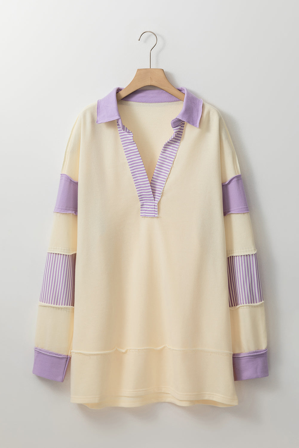 Yellow Colorblock Striped Split Neck Collared Sweatshirt