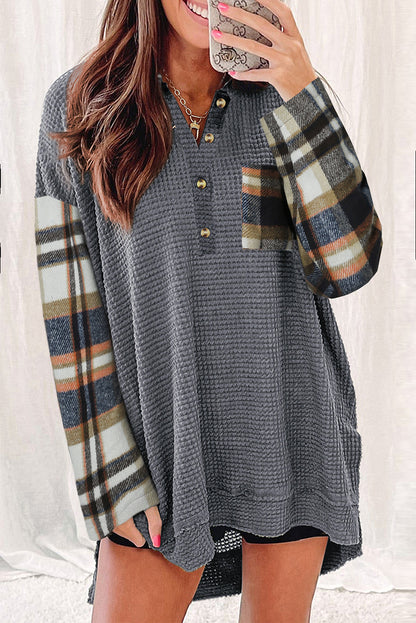 Dark Grey Loose Plaid Patchwork Textured Knit Henley Top