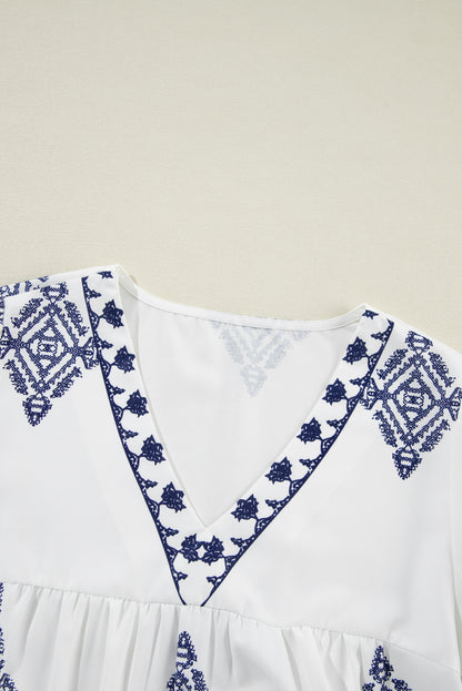 White Boho Geometric Print Bracelet Sleeve V Neck Blouse