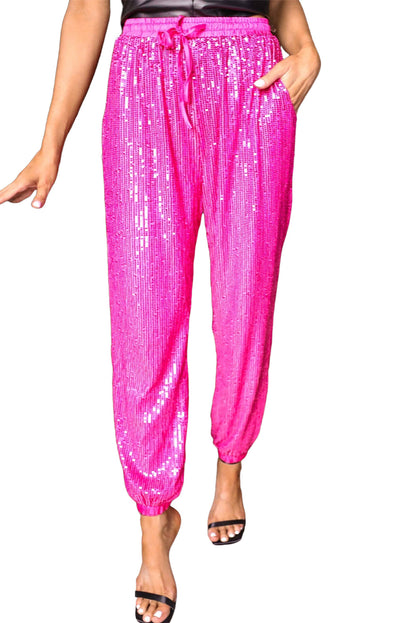 Pantalon de jogging taille haute à sequins et lien rose