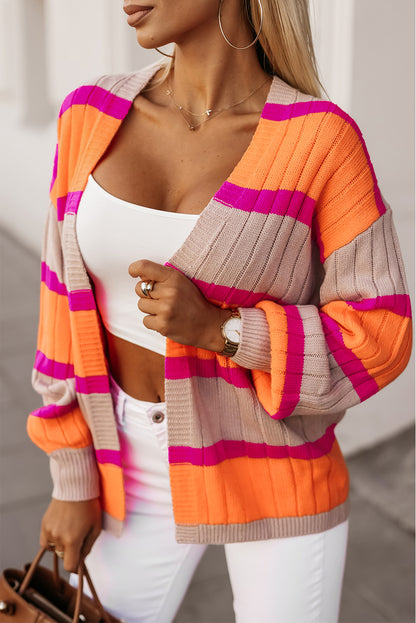 Black Striped Colorblock Drop Shoulder Slouchy Cardigan