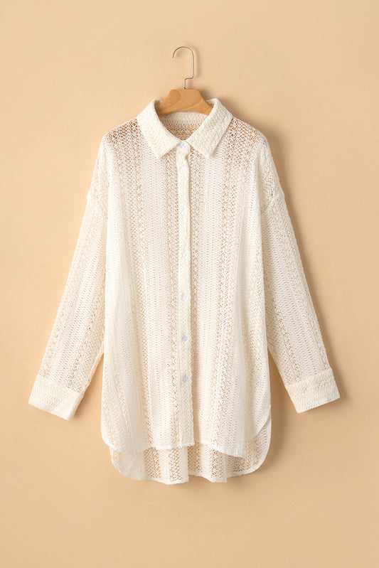 Chemise surdimensionnée tunique beige en dentelle à col au crochet