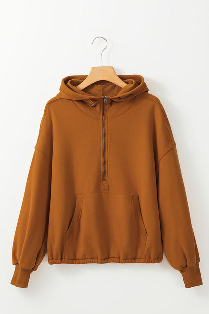 Yellow Ribbed Trim Kangaroo Pocket Zipped Hoodie