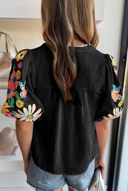 Pink Floral Embroidered Puff Sleeve Split Neck Blouse