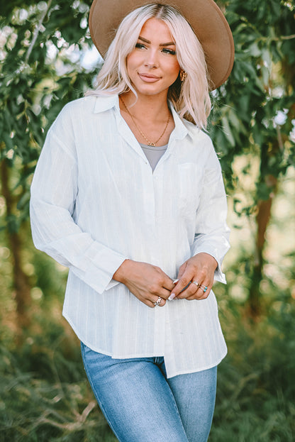 Blue Textured Buttoned Pocket Long Sleeve Shirt