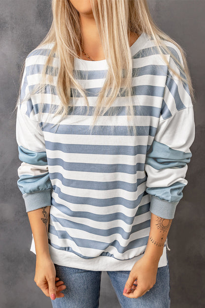 Black Stripe Drop Shoulder Striped Pullover Sweatshirt