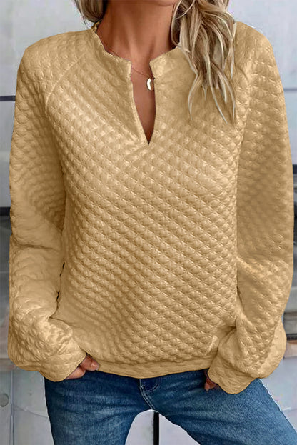 White Split Neck Quilted Long Sleeve Top