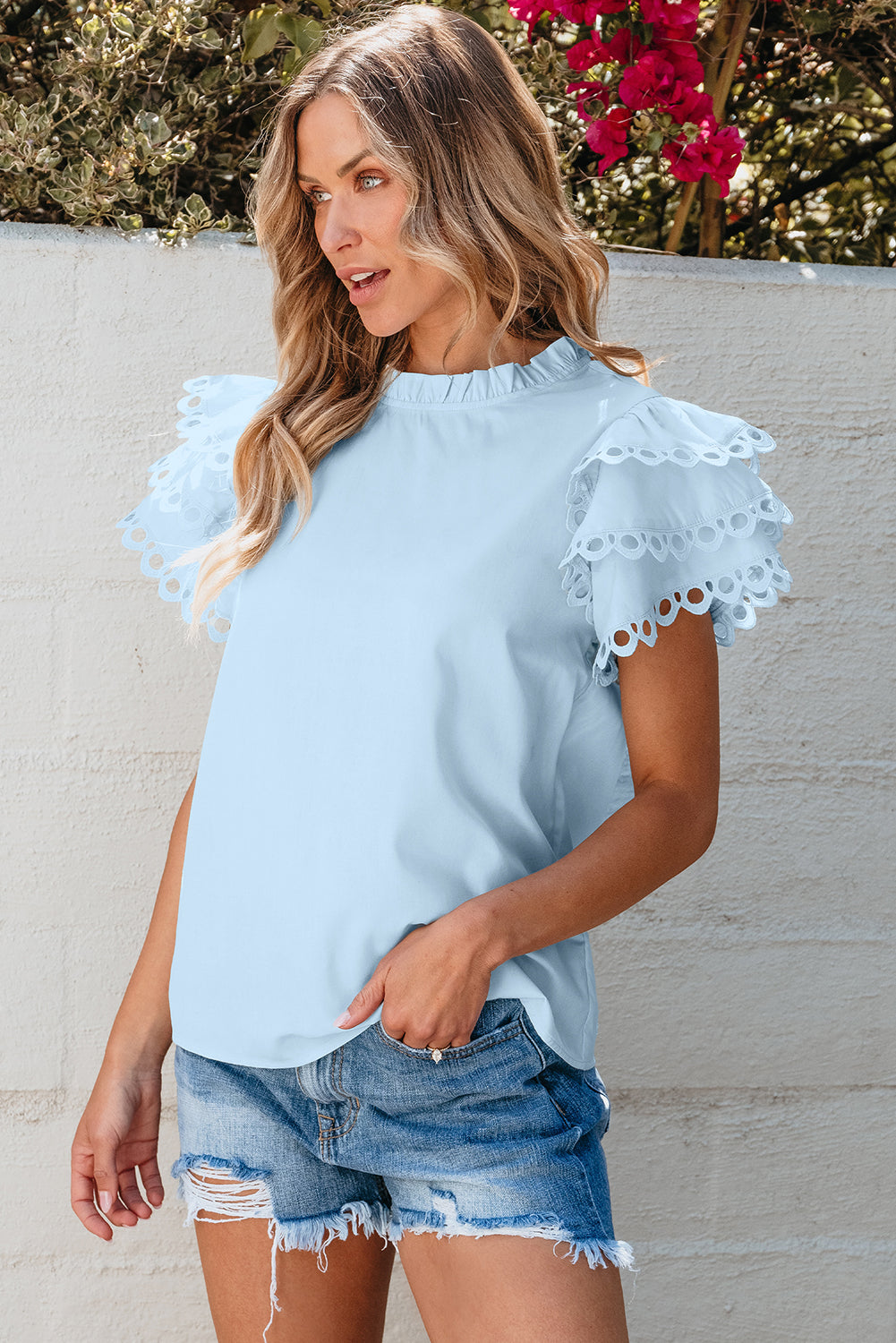 Blusa Beau Blue em camadas Ric Rac com manga e gola cheia