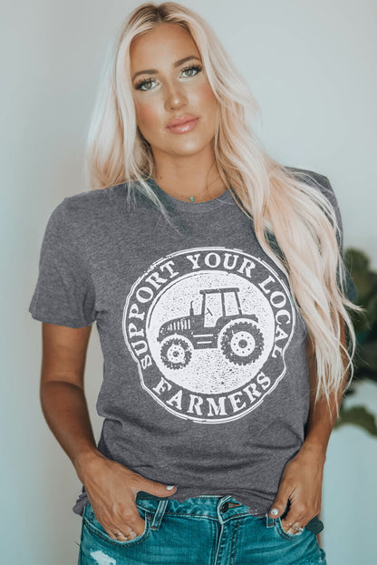 Camiseta estampada cinza APOIE SEUS AGRICULTORES LOCAIS