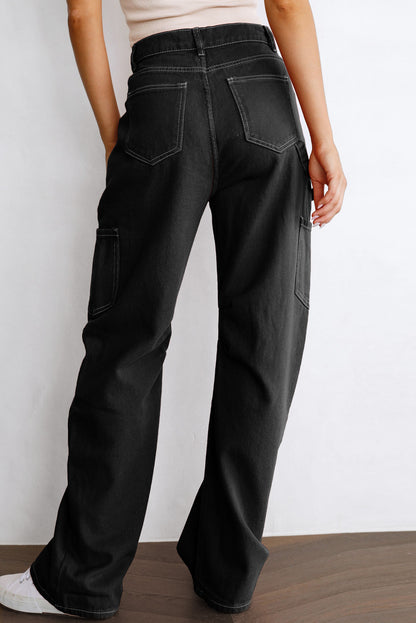 Pantalon cargo noir taille haute à jambe droite avec poches