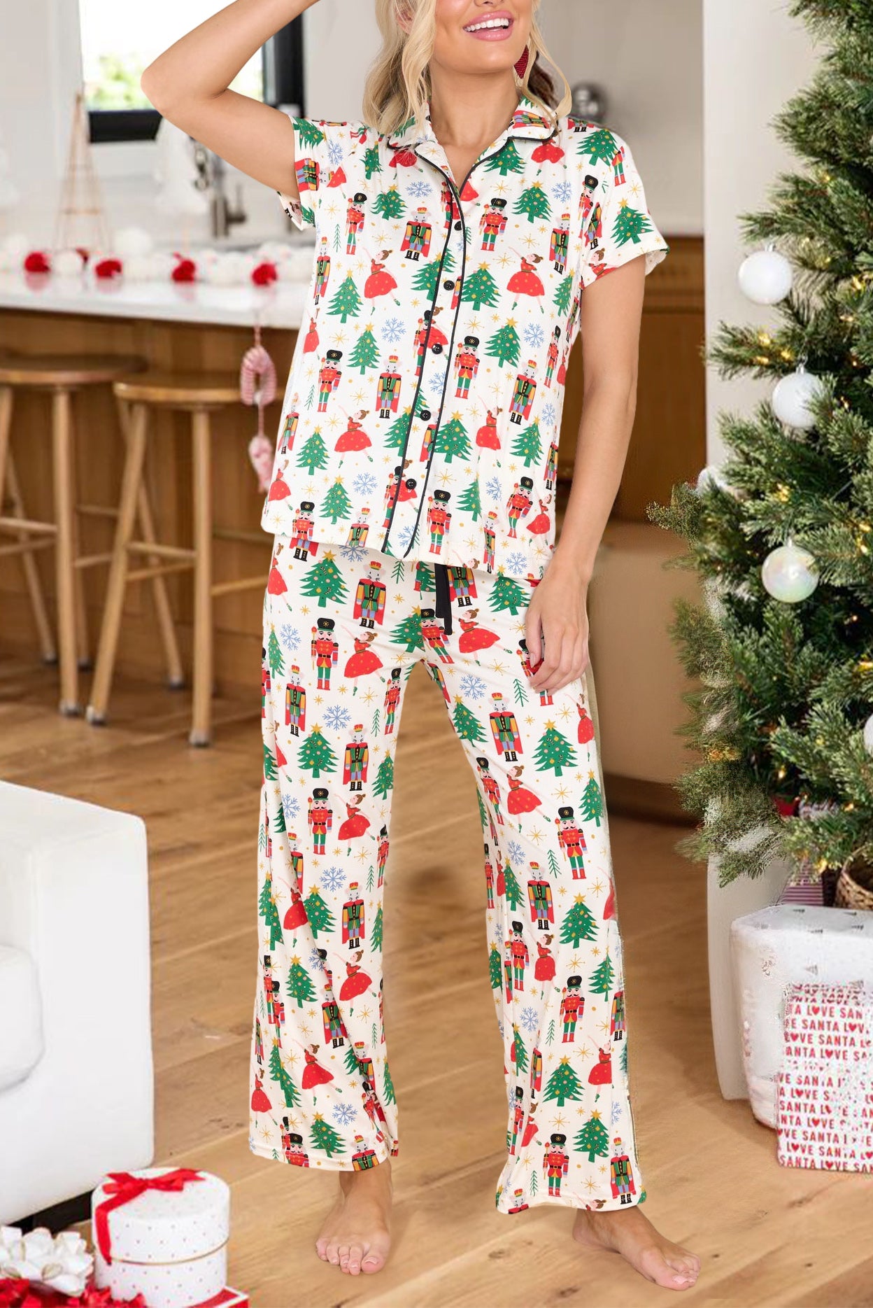 White Printed Christmas Pattern Buttoned Two Piece Sleepwear