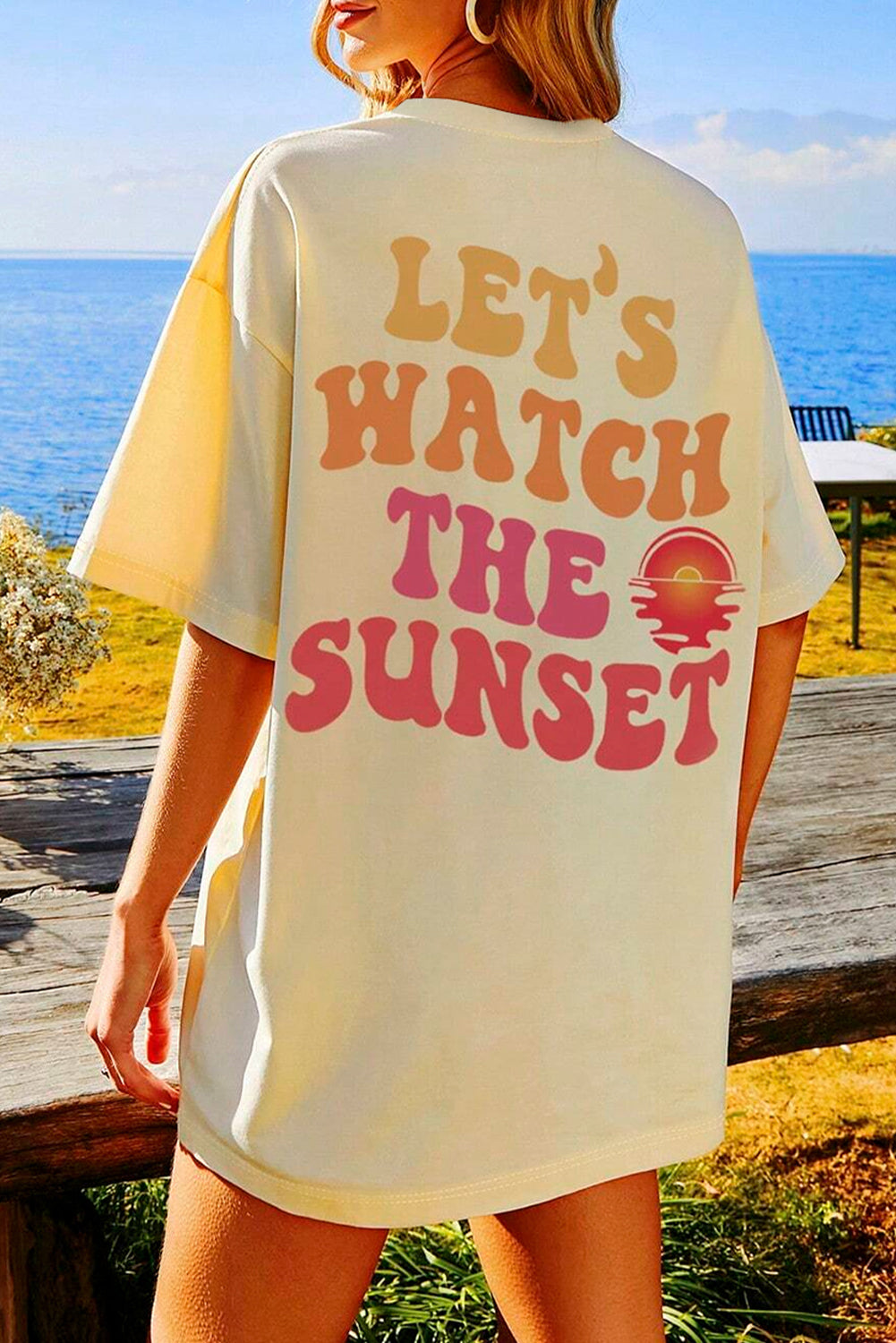 Camiseta de meia manga com estampa amarela creme LET'S WATCH THE SUNSET