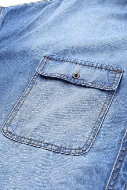 Sky Blue Flap Pockets Raw Hem Denim Shacket