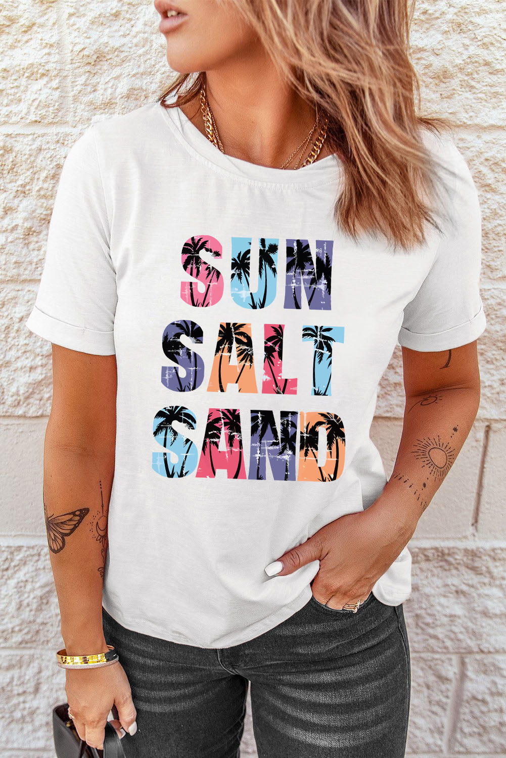 Camiseta com estampa branca Coconut Tree SUN SALT SAND