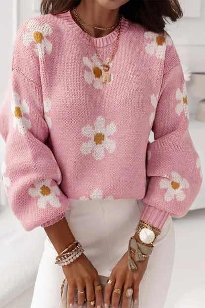 Pull rose à épaules tombantes et motif floral