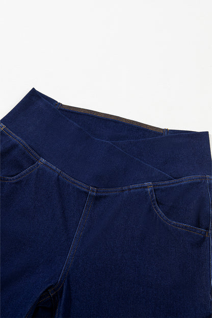 Dusk Blue Solid Crossed High Waist Fit Flare Jeans