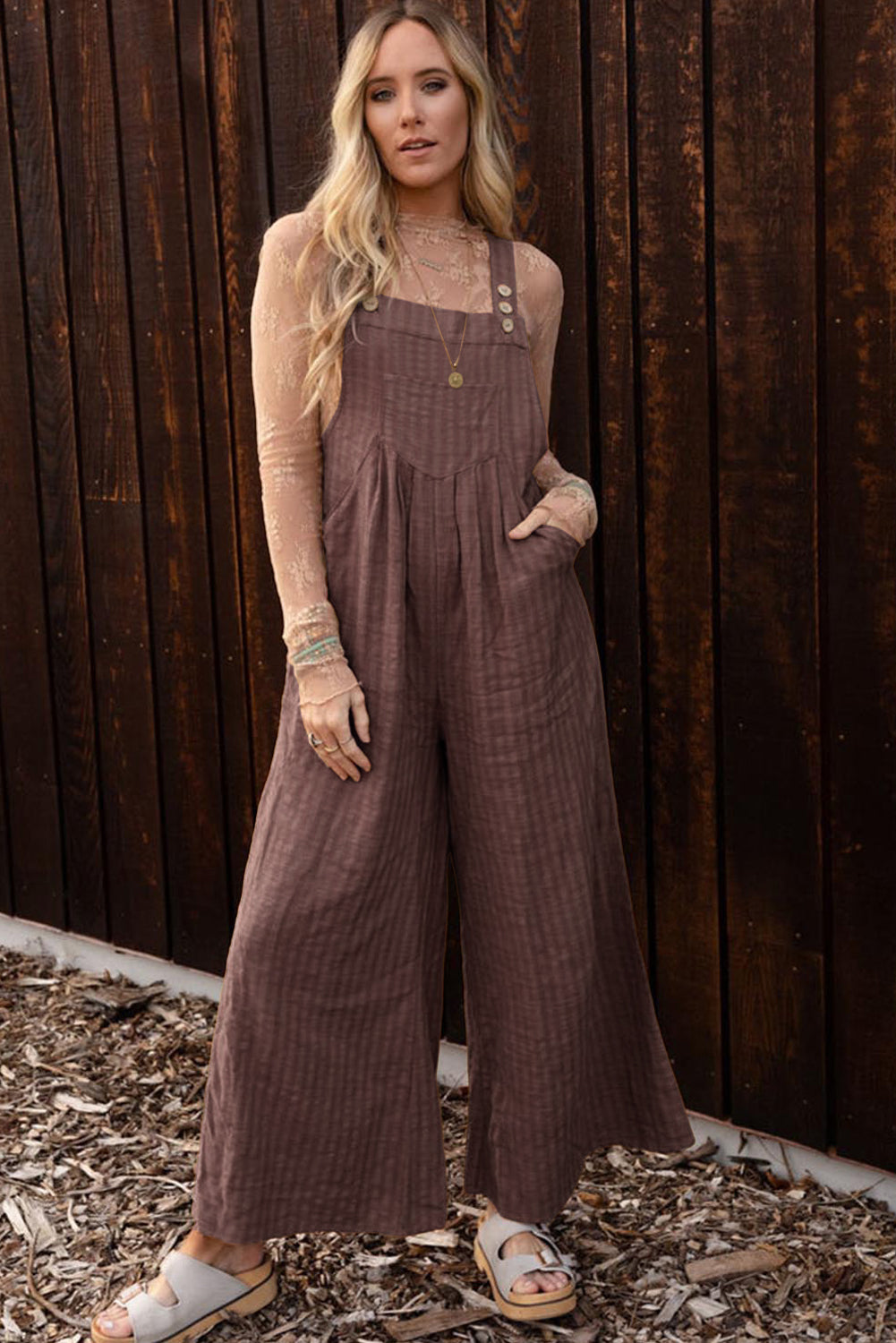 Brown Striped Pleated Wide Leg Pocketed Jumpsuit