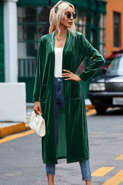 Green Velvet Open Front Pocketed Long Duster