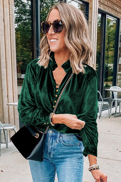 Green Frilled Neck Buttoned Front Velvet Top