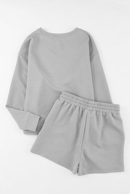 Green Textured Long Sleeve Top and Drawstring Shorts Set