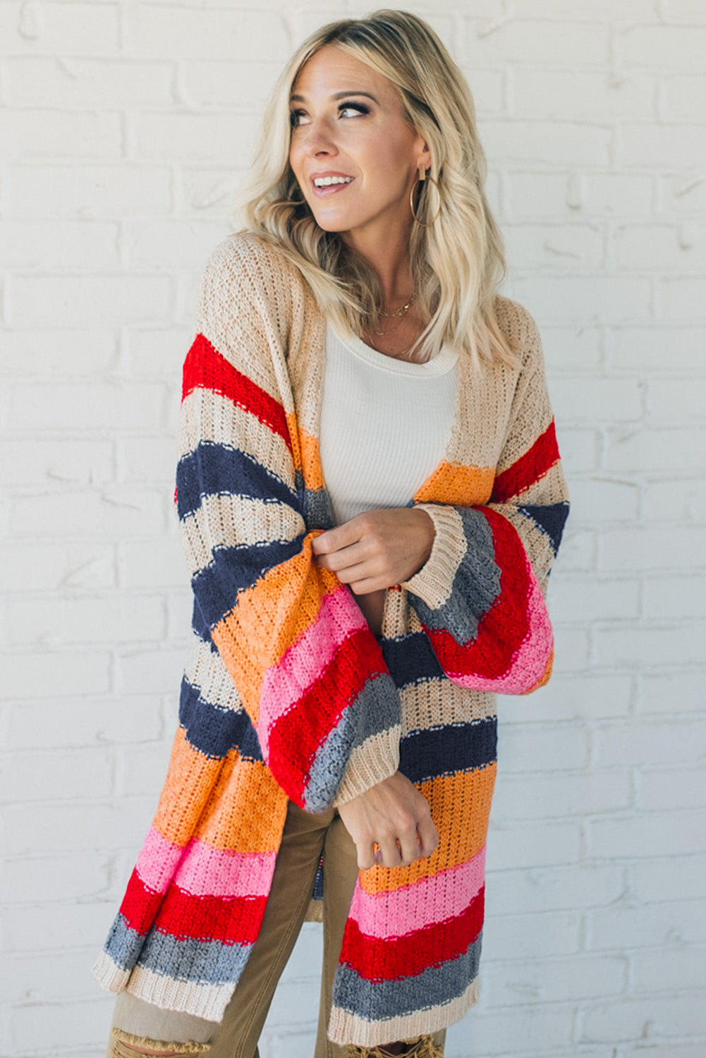 Stripes Knitted Balloon Sleeve Open Cardigan