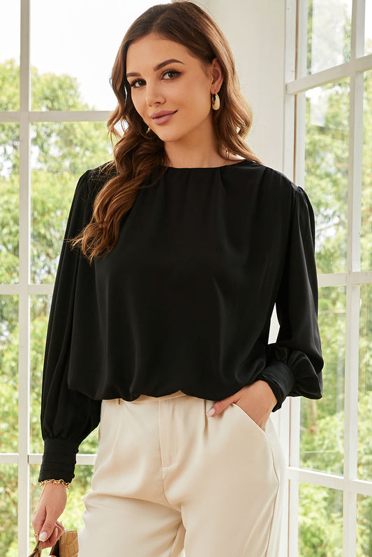 White Padded Shoulder Buttoned Cuffs Pleated Loose Blouse